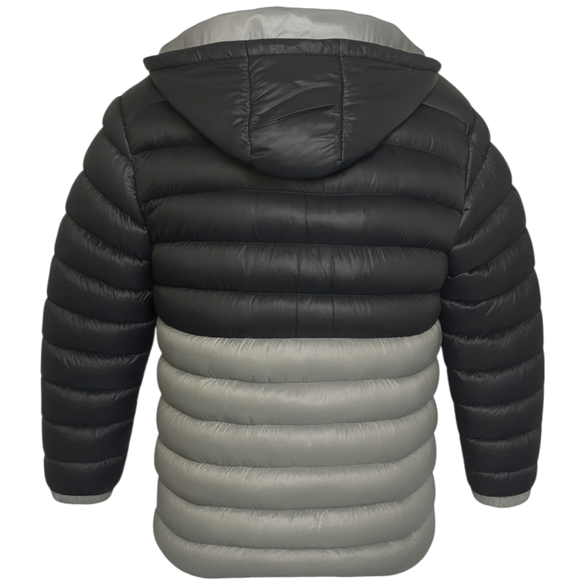 Men’s black and grey two-tone puffer jacket with detachable hood, quilted winter coat